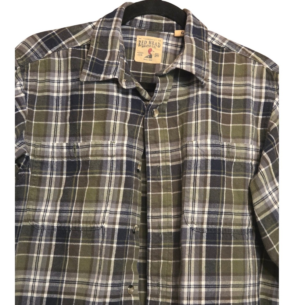 Red Head Flannel Shirt Mens Large Olive Green Plaid Long Sleeve Cotton Button Up